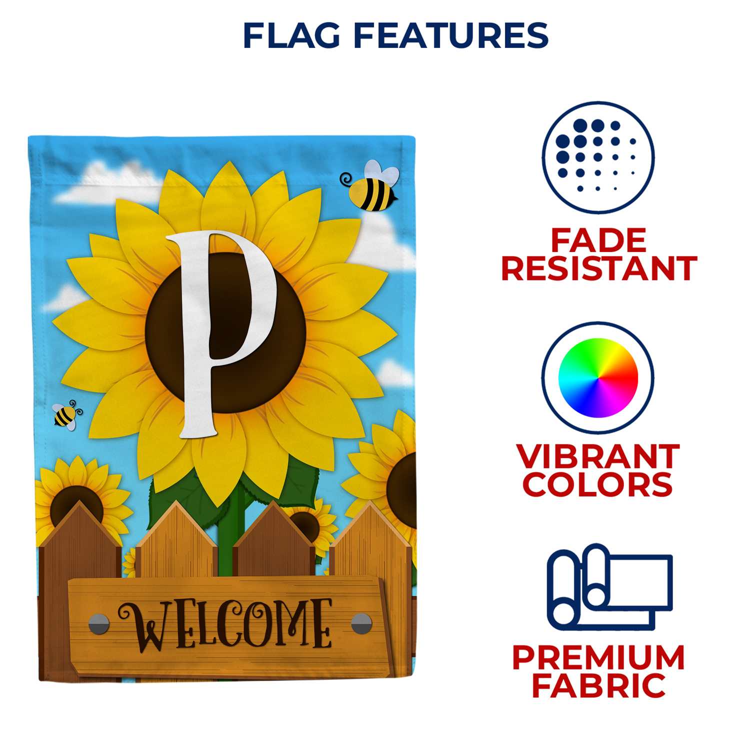 America Forever Spring Monogram House Flag Letter P 28 X 40 inches Double Sided Vertical Outdoor, Yard, Lawn, Beautiful Bright Sunlowers, Floral Design, Honeybee, Summer Welcome House Flag