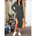 thumbnail image 5 of Womens Striped Sweater Dress Fall Chunky Knit V Neck Collared Long Sleeve Slit Loose Midi Dresses Black XL, 5 of 8