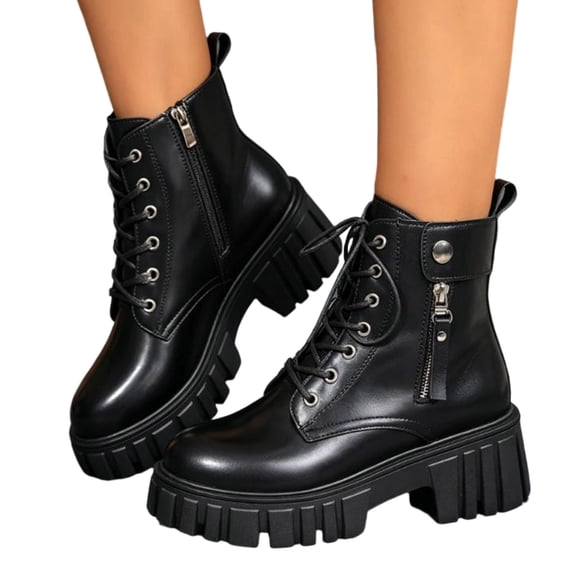 Rokment Black Chunky Combat Boots for Women Fall Winter Punk Trendy Casual Leather Platform Lug Soles Short Motorcycle Riding Ankle Booties