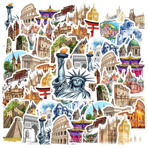 35pcs-50pcs Famous Monument Stickers Historical Architectural Stickers Decorative Landmark Stickers for Luggage Laptop Suitcases