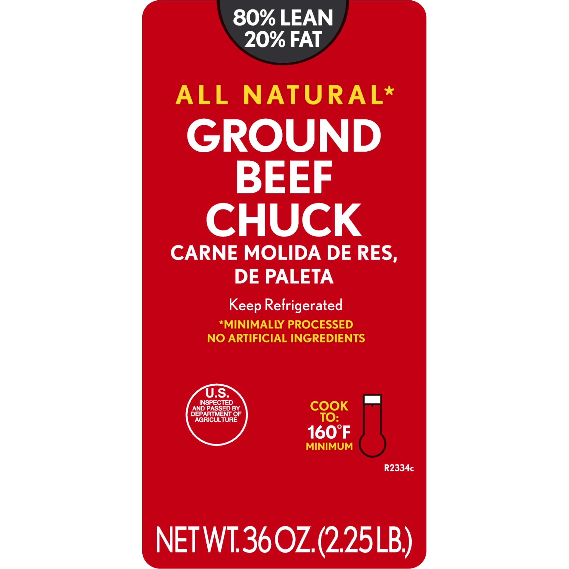 All Natural* 80% Lean/20% Fat Ground Beef Chuck, 2.25 lb Tray