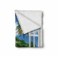 thumbnail image 2 of Tropical Soft Flannel Fleece Throw Blanket, Rippling Sea Palms and Exotic Village Scene Through Open Window Design, Cozy Plush for Indoor and Outdoor Use, 50" x 60", Green and Sea Blue, by Ambesonne, 2 of 6