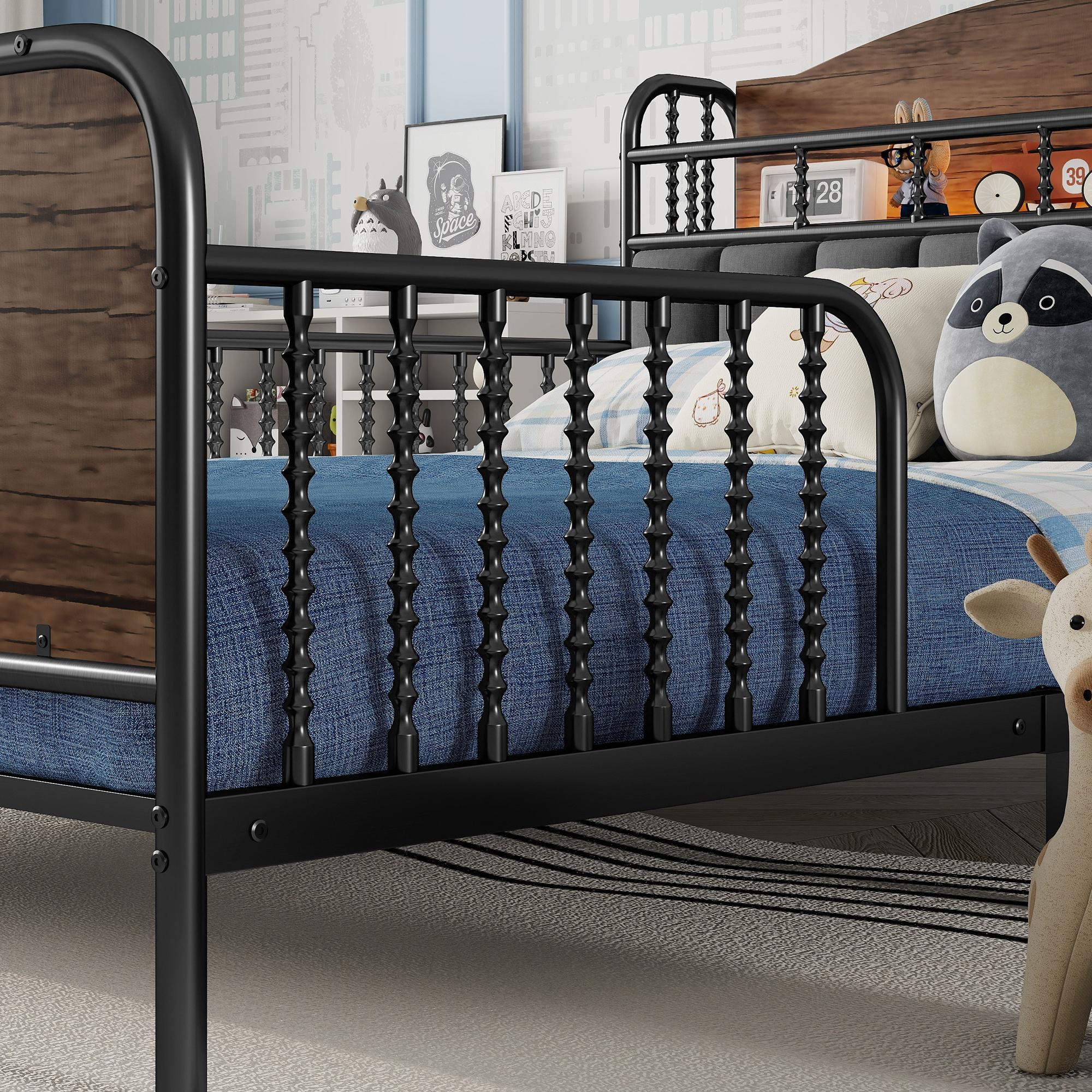 Euroco Metal Full Size Platform Bed with Upholstered Headboard, Storage Shelves and LED Light, Black