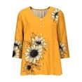 thumbnail image 4 of IUYRTFE Women's Mustard Yellow Sketch Sunflower Partial Print V Neck Button Down Blouse, 3/4 Sleeve Gathered Waist Loose Fit Casual Shirt, 4 of 5