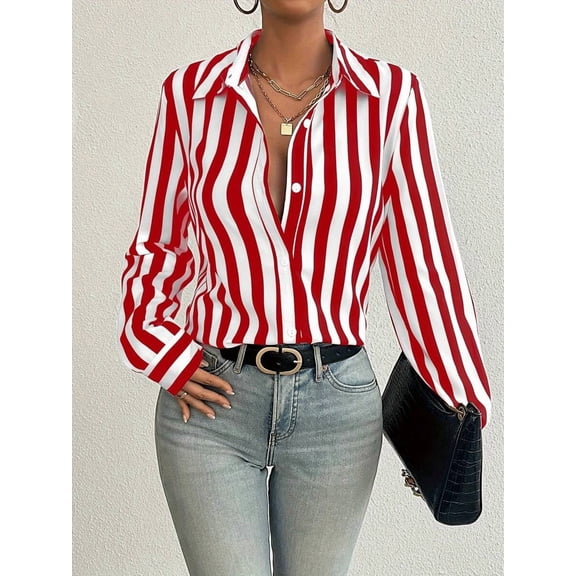 Striped Button Down Shirt with Collared Neckline and Loose Fit