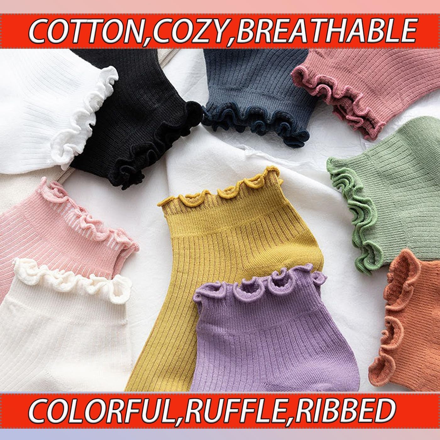 Womens Ruffle Socks Ankle Classic Basic Colorful Cotton Running Athletic Dress Sock Crew Size5-9