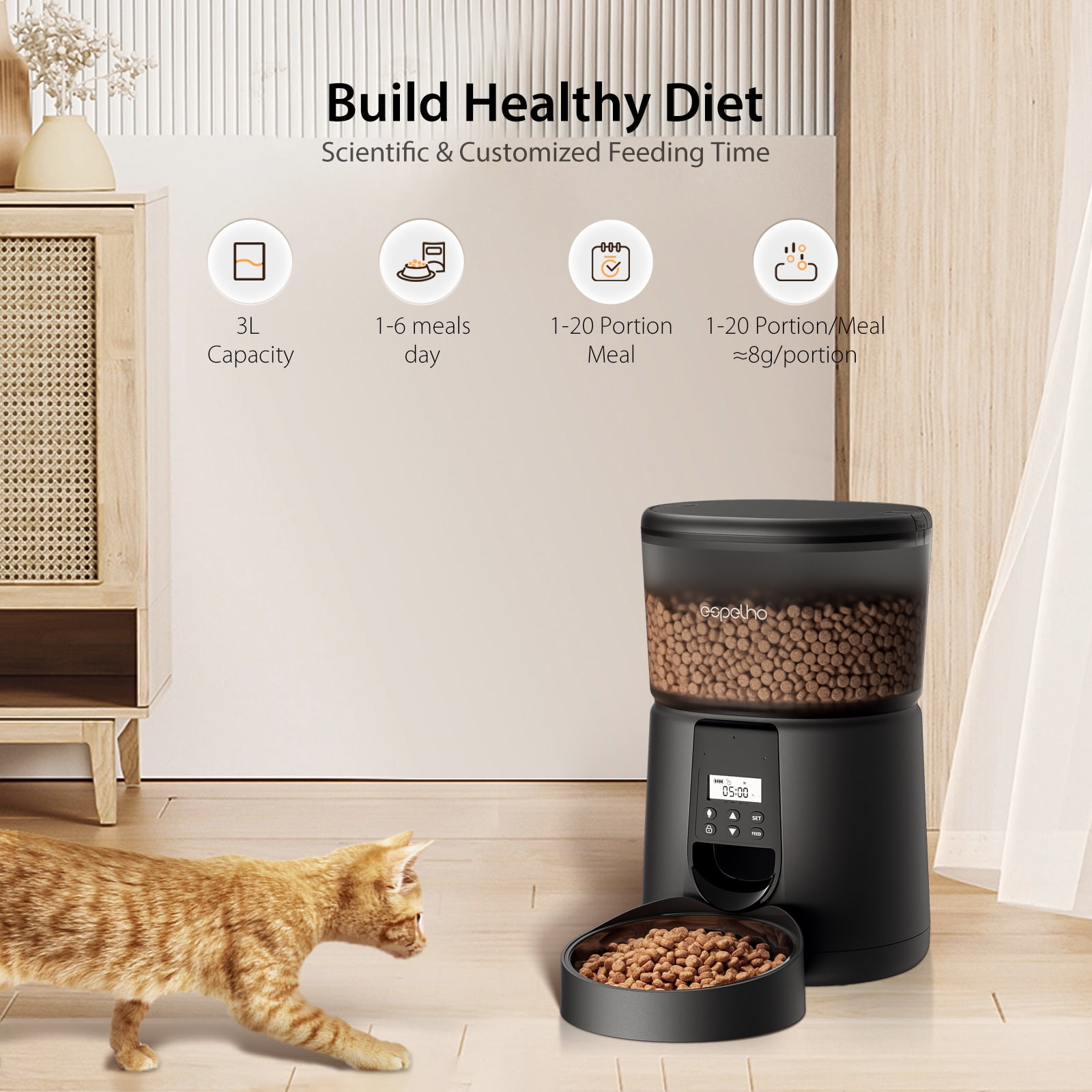 Automatic Cat Feeders, 3L Timed Cat Food Dispenser with Clog-Free Design, Dog Pet Feeder