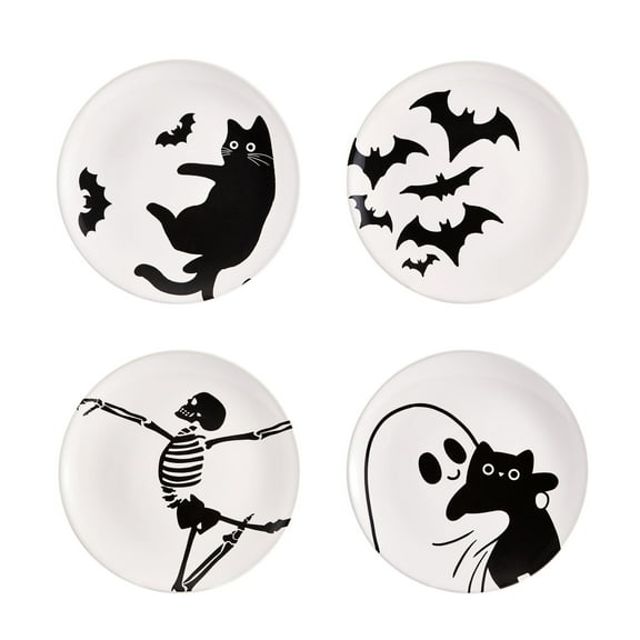 Bico White Halloween Cute Ceramic 8.75 inch Salad Plates, Set of 4, Microwave & Dishwasher Safe, for Tapas, Appetizer