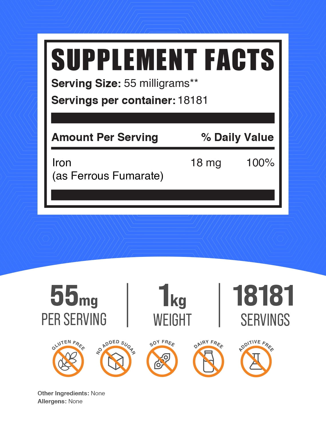 BulkSupplements Ferrous Fumarate Powder - 55mg per Serving - 1 Kilogram (2.2 lbs) - 18182 Servings