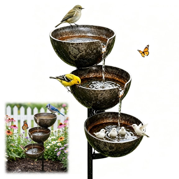 Rain Catcher Bird Bath Tiered, 3-Tier Metal Birdbath with Butterfly Feeder, Rustproof Garden Stake for Yard, Attracts Wild Birds & Pollinators, Unique Outdoor Decor