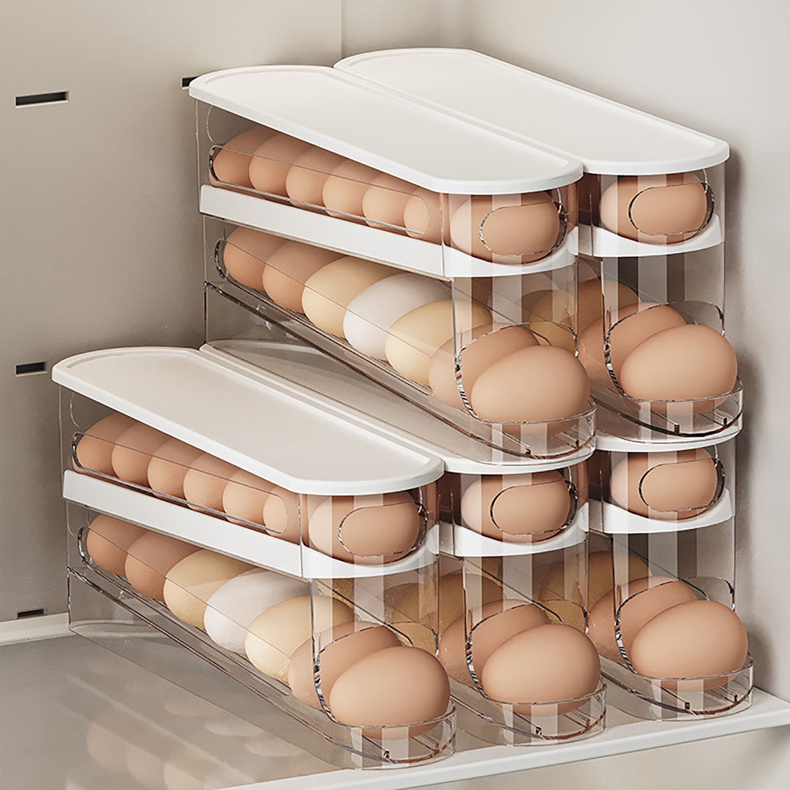 Bxaolu Auto Rolling Egg Dispenser for Refrigerator, Space-Saving Fridge Egg Organizers and Storage with Lid, Egg Tray Hold 16 Eggs for Countertop, Kitchen, Outdoor Use[2PCS]