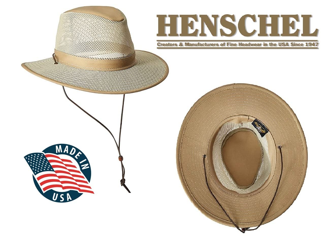 Henschel Aussie Breezer Original Made in USA Cotton Mesh Hat 5312 / 5310 from Miami Hat Shop, UPF50+, Packable (Khaki, Medium)