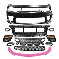 Ikon Motorsports Front Bumper Conversion W/ Pink Lip Compatible With 2015-2023 Dodge Charger Widebody Style Front Bumper Cover & SRT Style Upper Lower Grille W/ Light & Foglight Covers W/ Lights
