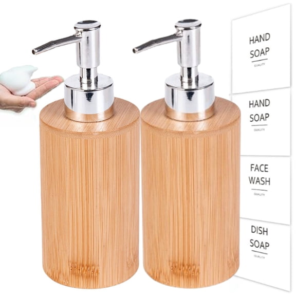 Bxaolu Hand Soap Dispenser Bathroom, Wood Dish Soap Dispenser for Kitchen, 10 Oz Plastic Hand and Dish Soap Dispensers Set with Bamboo Pump, 2 Pack Refillable Liquid Lotion Containers Bottle