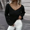 thumbnail image 2 of Duoif Sweaters for Women Trendy Women Fashion Solid Color Long Sleeve V Neck Loose Knit Pullover Sweater Women's Sweaters Womens Tops Black L, 2 of 6