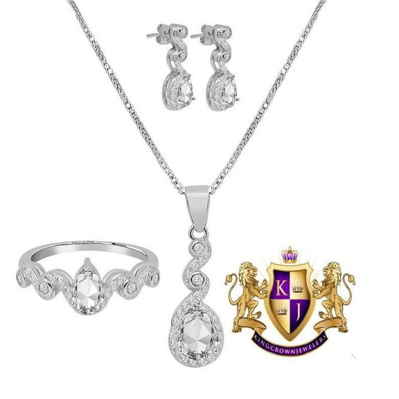 Real Sterling Silver 10K White Gold Over Crystal Clear Zirconia Ladies Pendent Charm Chain Neckless Earrings Ring 3 Piece Combo Set