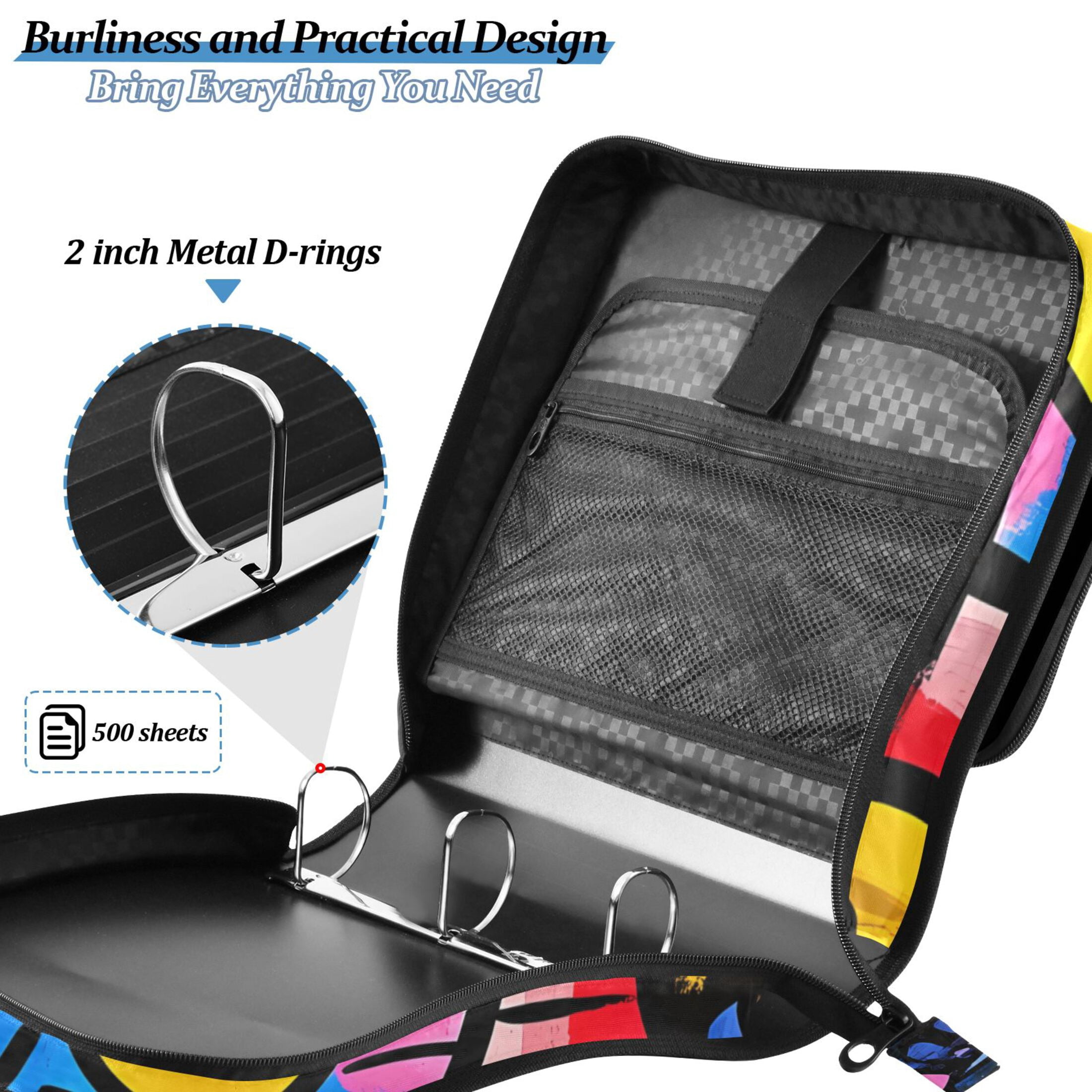 3 Ring Zipper Binder with Shoulder Strap Waterproof Trapper Keeper 2 Inch D-Ring 500 Sheets Capacity Cartoon Graffiti Cat