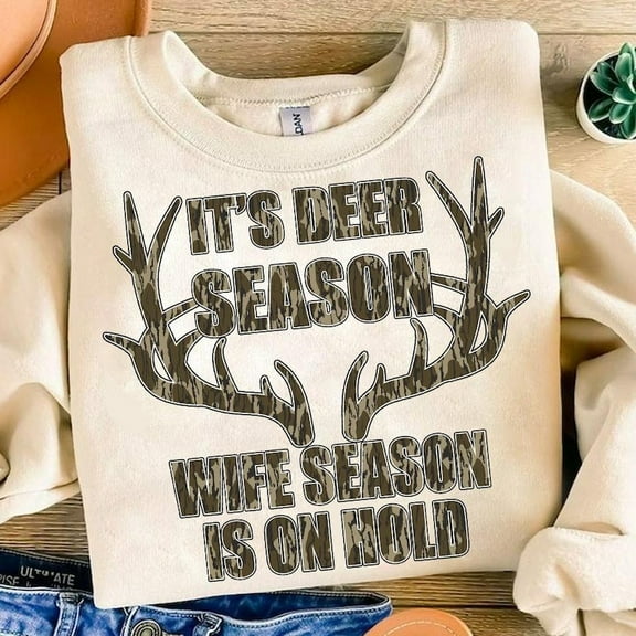 Camo It's Deer Season Wife Season Is On Hold Sweater, Hunting Wife Social Club Old School Camo Bow Sweatshirt