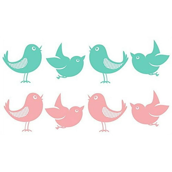 Set Of 8 Bird Wall Decals In 2 Colors, 5-Inch Size, Modern Girls Room Decor, Mint Green, Carnation Pink,