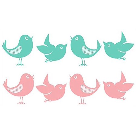 Set Of 8 Bird Wall Decals In 2 Colors, 5-Inch Size, Modern Girls Room Decor, Mint Green, Carnation Pink,