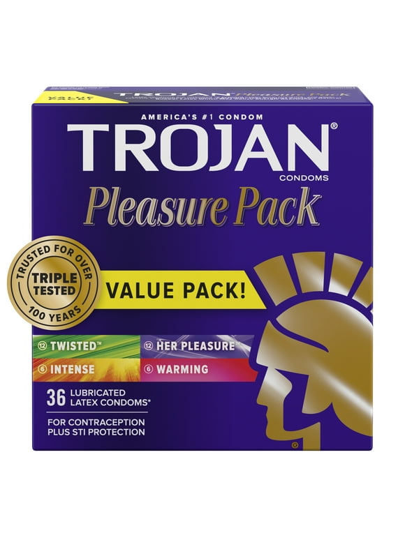 TROJAN Pleasure Pack Assorted Condoms, Lubricated Condoms Value Pack, 36 Count