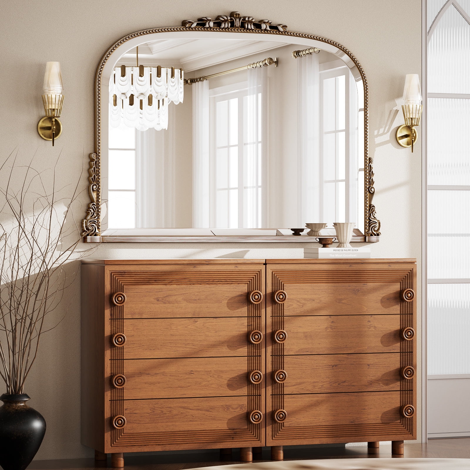 Puremirror 44"x32" Antique Arched Bathroom Mirror Wall Mounted Vintage Mirror, Silver