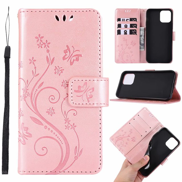 1 funda para iPhone 14 Pro, funda tipo cartera de cuero con estampado de mariposas, soporte inalámbrico con 3 ranuras para tarjetas, soporte de cierre magnético para iPhone 14 Pro de 6,1 pulgadas (oro rosa) JM