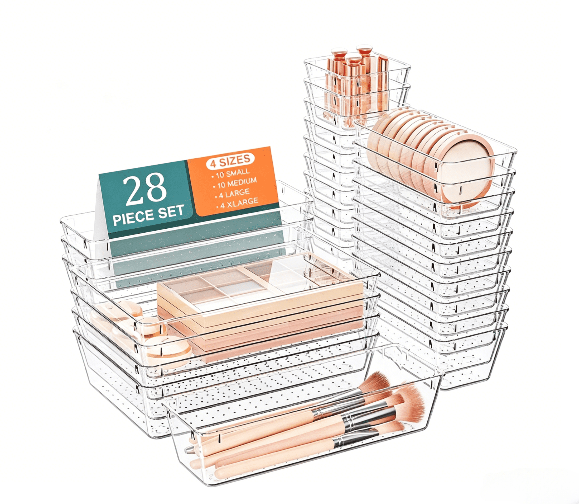 28 PCS Clear Plastic Stackable Drawer Organizer Bins, Multi-Size Drawer Vanity Organizers for Cosmetics, Jewelry Home Storage