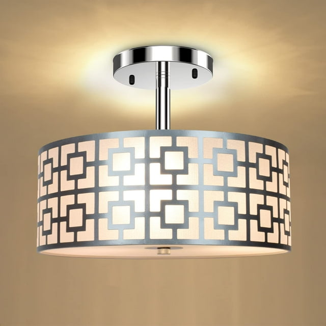 DLLT Semi Flush Mount Ceiling Light, 3-Light Modern Entry Light Fixture Ceiling Hanging with Drum Shade for Bedroom, Dining Room, Kitchen, Hallway, Entry, Living Room, Brushed Chrome Finish