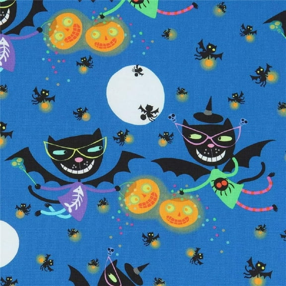 Quilting Treasures Quilt Fabrics Creepy Halloweenies Cat Bat Toss Denim 100% Cotton Fabric sold by the yard