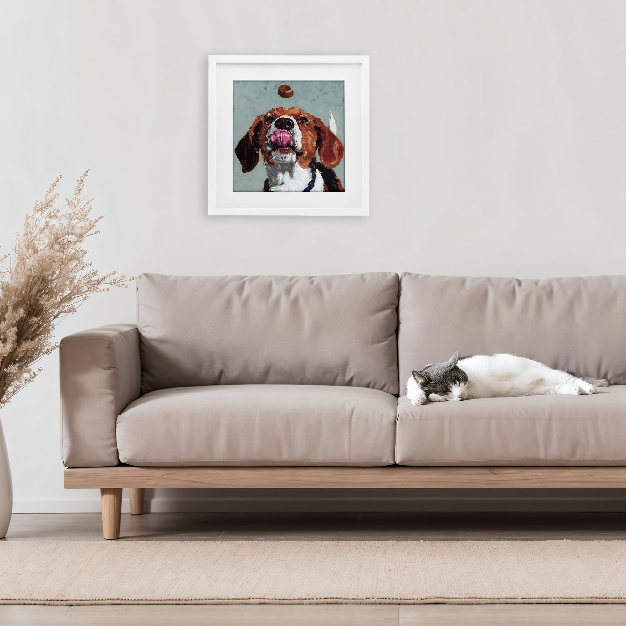 Stupell Industries Beagle Treat Excitement White Framed Print Under Glass, design by Studio Bautista