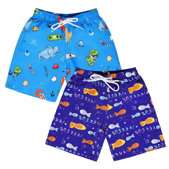 Boys Beach Shorts，2 pairs Kids Swimming Trunks with Dinosaur Patterns Toddler Board Shorts for 3-14 Years