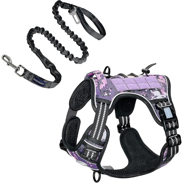 Auroth Arnés táctico para perros con correa negra resistente de 6 pies para perros de razas grandes, chaleco reflectante de entrenamiento para perros sin tirones, color morado L