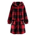 thumbnail image 3 of QQZ Plaid Fuzzy Fleece Hooded Coat For Women, Mid Length Button Front Long Sleeve Jacket, Womens Warm Casual Outerwear With Big Pockets For Fall Winter Home And Daily Wear, 3 of 5