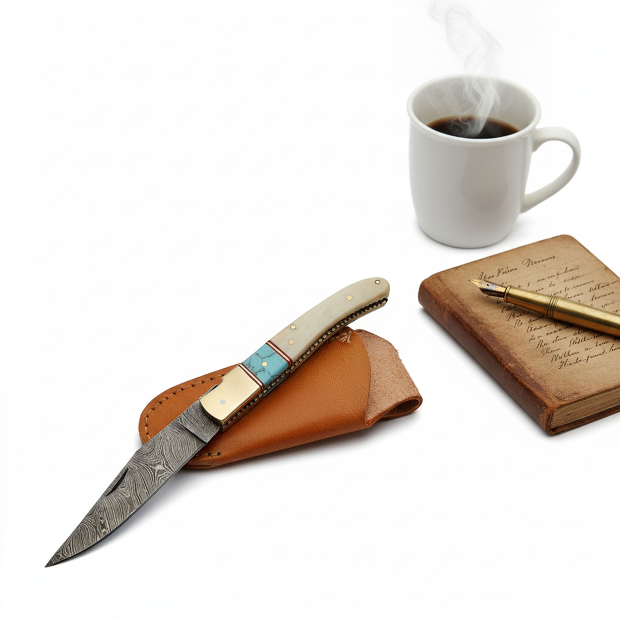 SANZ 4.5\" Bone & Turquoise Folding Knife with 4\" Damascus Blade, Brass Bolster, Filework & Leather Sheath