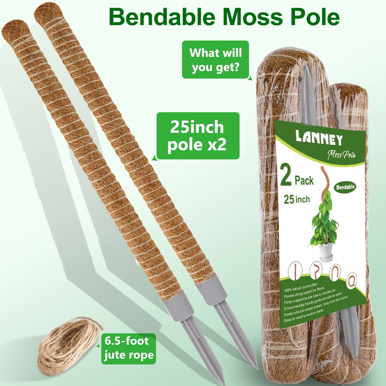 2 Pack 25 Inch Bendable Moss Pole for Indoor Plant Support