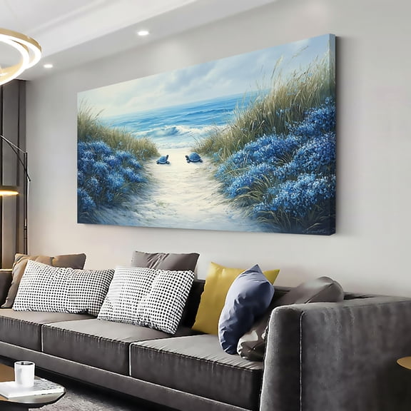 WFSposterRomantic Beach Wall Art for Living Room Blue Sea Turtle Lovers Canvas Painting Prints Ocean Sandy Romance Flowers Large Bedroom Office Decor Artwork