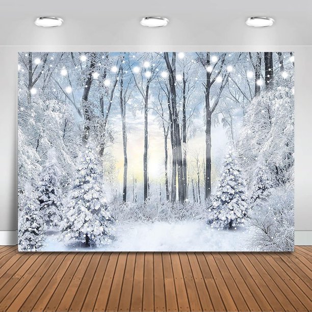 Fondo de fotografía personalizado de paisaje invernal con bosque nevado, copos de nieve congelados y decoraciones para fiestas, escenas de nieve invernales, paisajes naturales (2,1 x 1,5 m)