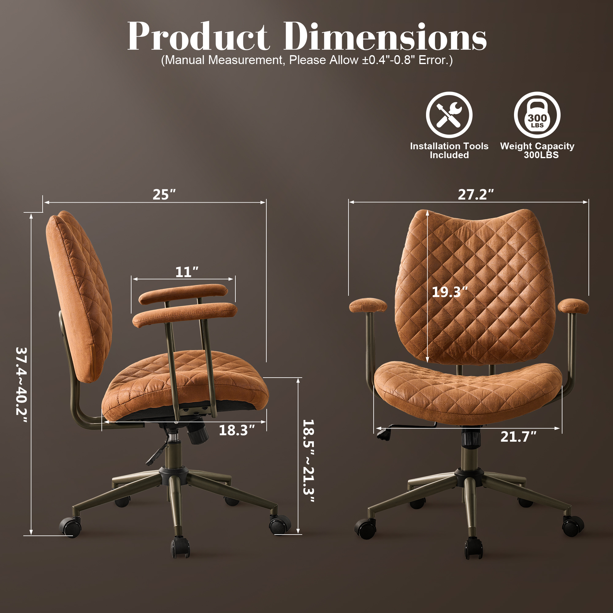 Toject Leather Office Chair, Mid Back Home Office Chair with Lumbar Support, Ergonomic Computer Chairs, Executive Desk Chairs with Thickened Cushions, Task Chairs for Office, Suede Leather, Brown