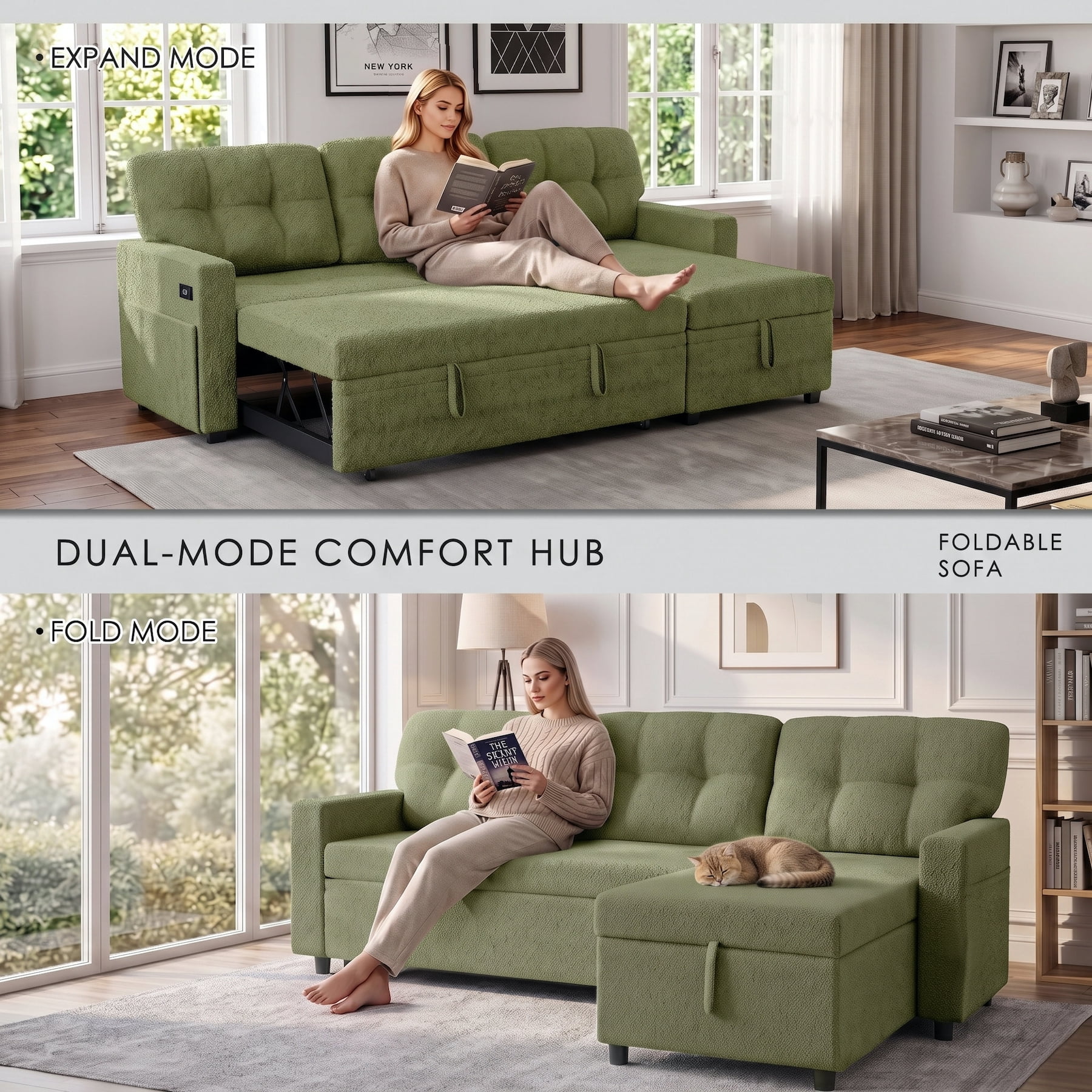 Xiweot Convertible Sleeper Sofa Bed, 82" L Shaped Sectional Couch with Pull Out Bed, Storage Chaise & Reversible Lounge, Teddy Fabric Compact Sectional Sofa for Living Room Apartment (Green)