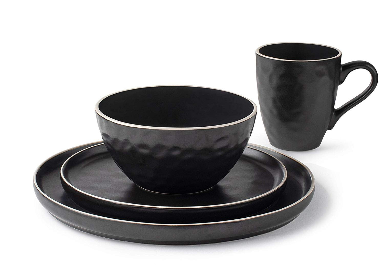 Elegant Black Textured Finish Black La Rochelle 16 Piece Dish Set with Salad and Dinner Plates Decorative Kitchen and Dining Use Crafted with Mercerie Reactive Coffee Cups and Soup Bowls 