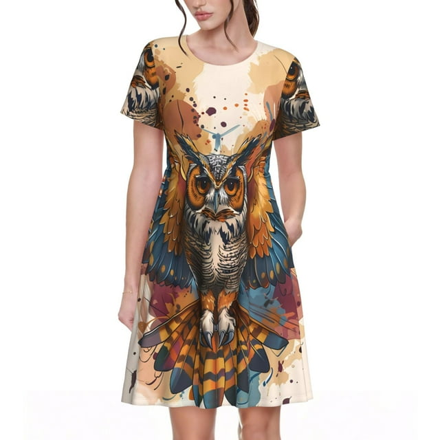 Vsdgher Art de Tatouage Hibou Coloré pour Femmes Été 2025 Robes Midi Maxi Décontractées Légères Manches Courtes Col Rond Robe de Plage