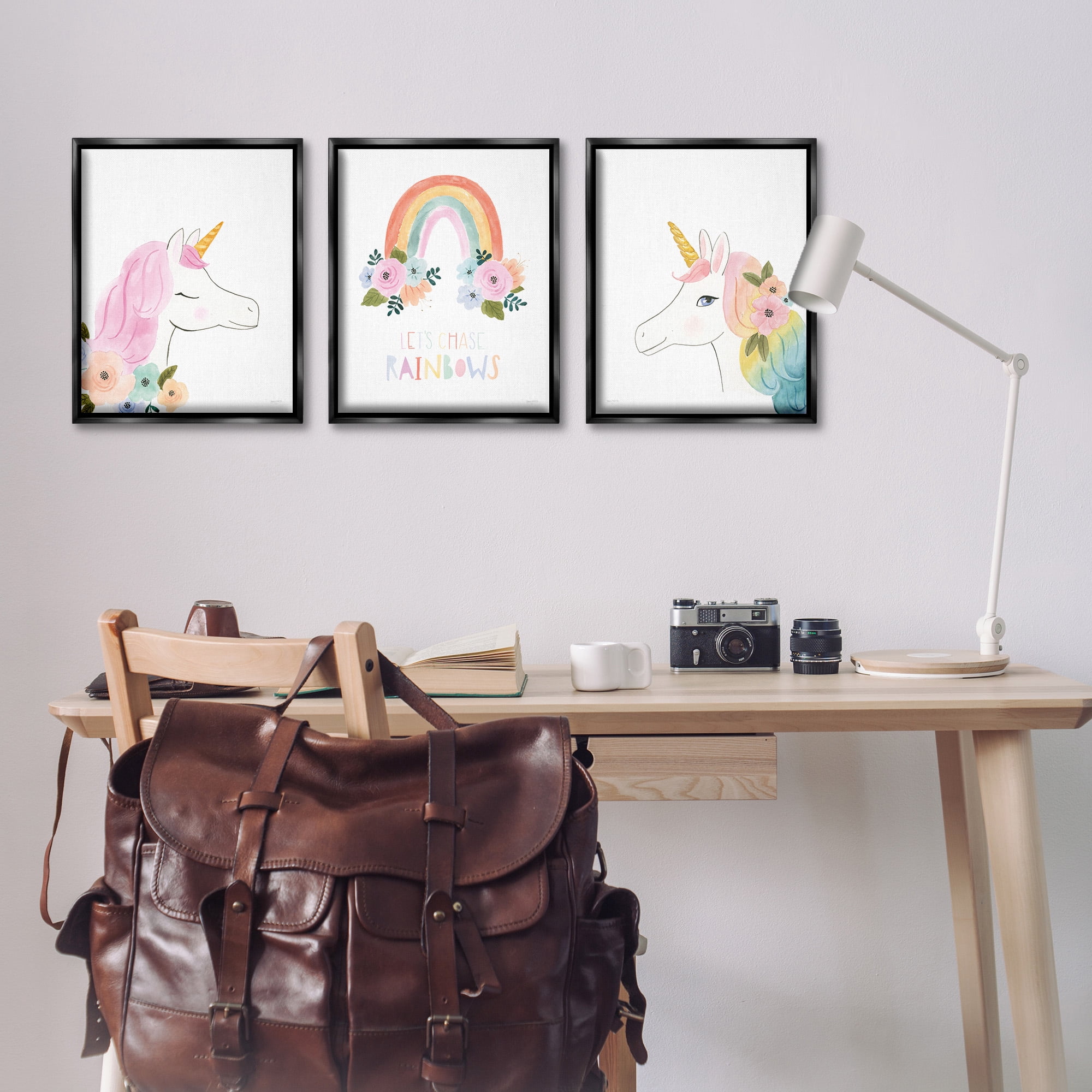 Stupell Industries Let's Chase Rainbows Unicorns Fairy Tales & Fantasy Painting Black Floater Framed Canvas Art Print Wall Art, 17 x 21, Set of 3