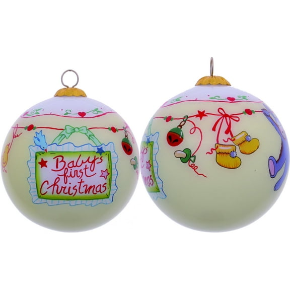 Baby's First Christmas with Motifs Hand Painted Mouth Blown Glass Ornament