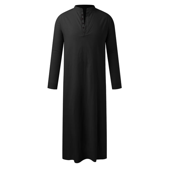 XIAONU Men's Solid Color Thobe Mandarin Collar Long Sleeve Robe Comfortable Modest Religious Gown