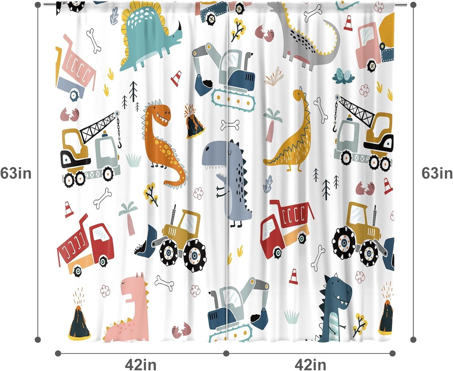 Dinosaur Kids Curtains for Bedroom 42Wx63H Inch Rod Pocket Boy Construction Truck Cartoon Animal Cute Dino Colorful Window Drapes Child Toddler Living Room Window Treatment Fabric 2 Panel