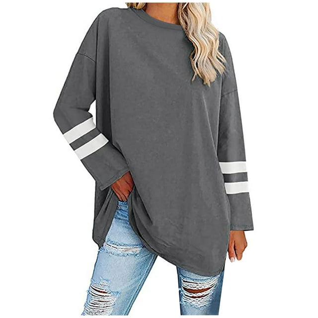 Chemises pour Femmes Col Rond Couleur Unie Manches Longues Chandail Décontracté Ample Long Chandail en Molleton Blouse Hauts d'Automne pour Dames