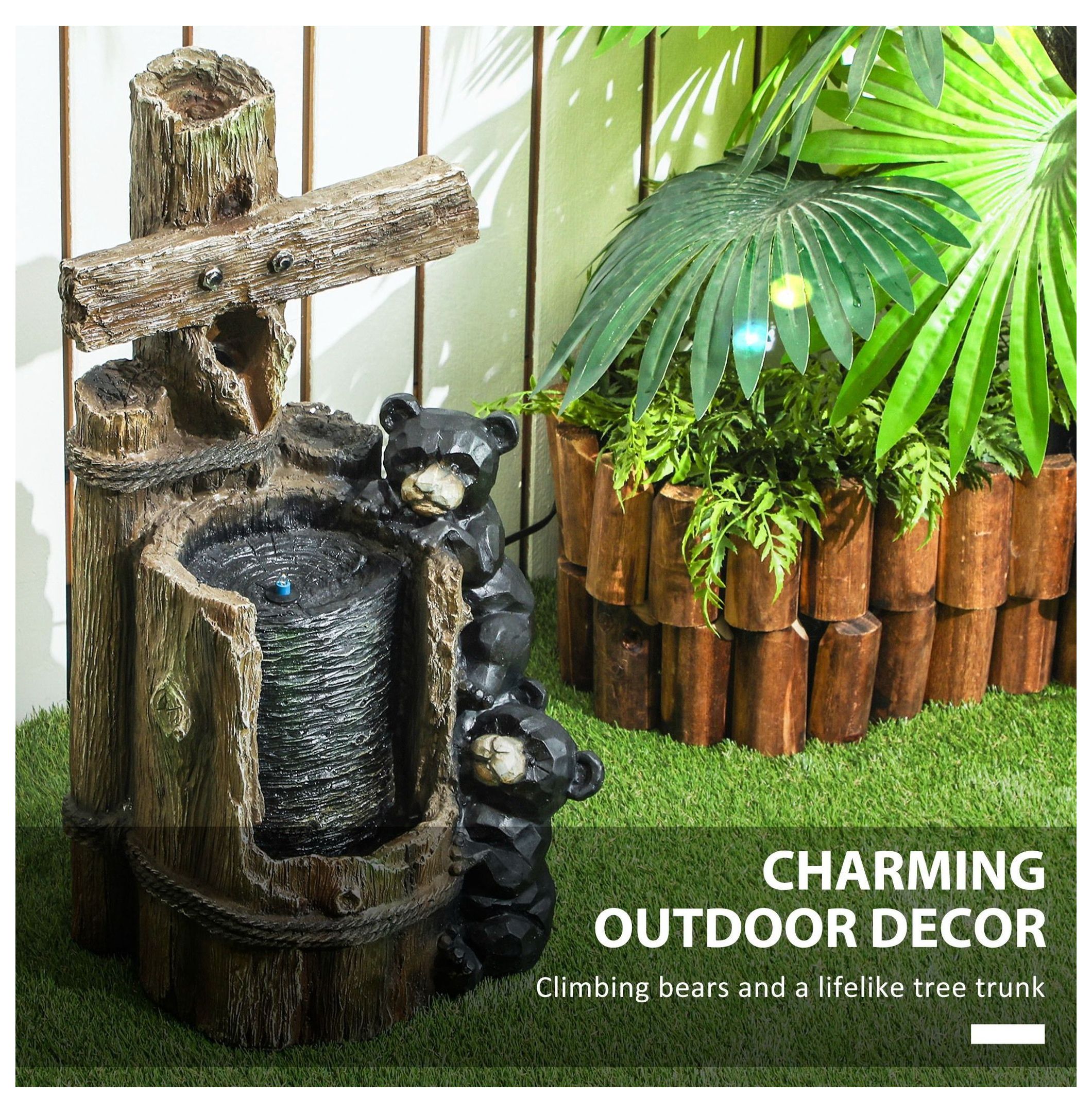 22.8" Outdoor Water Fountain, 3-Tier Bear Waterfall with LED Lights & Pump
