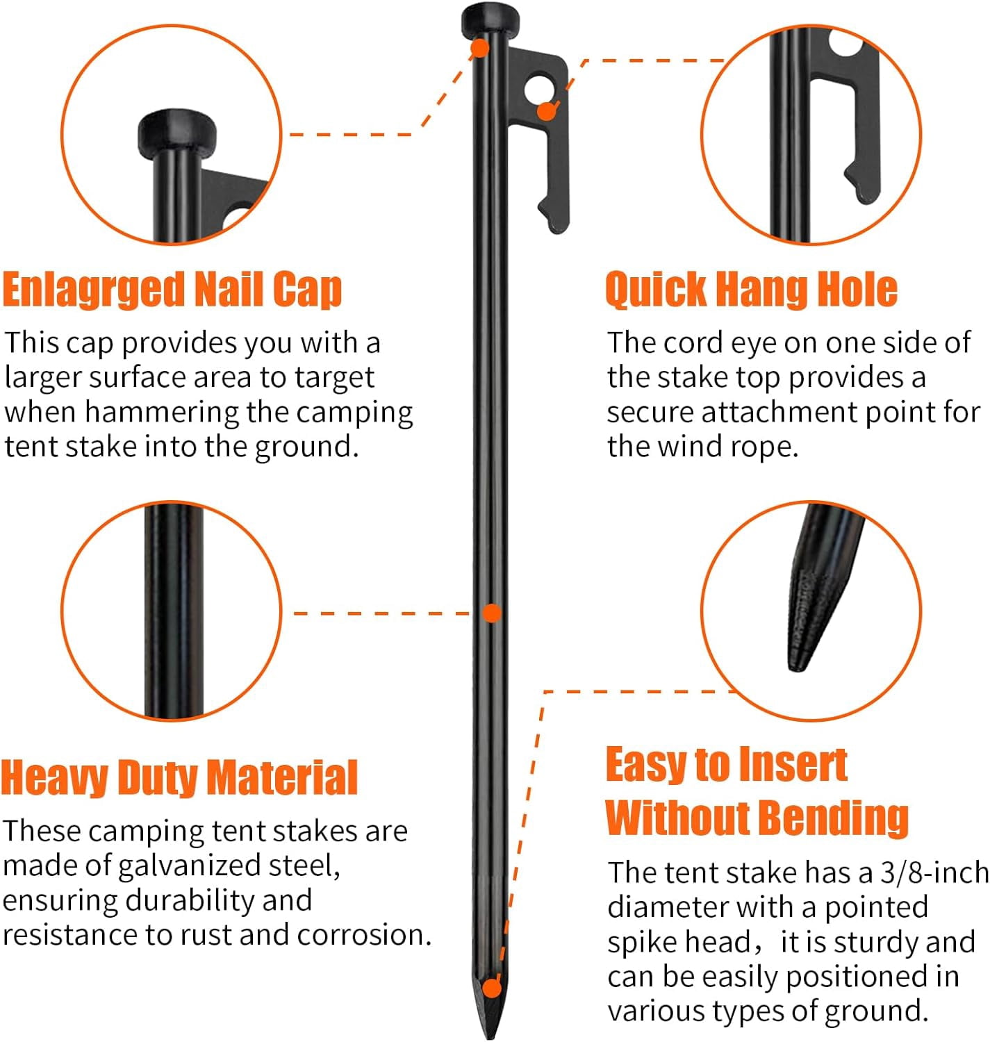 RGHJAR-USA 8-Pack Secure Protection Galvanized Tent Stakes,Rust-Proof Steel Canopy Anchors for High Winds,Heavy Duty Commercial Ground Pegs for Camping,Pop Up Tent&Gazebo - Includes 4x10ft Ropes,Blac