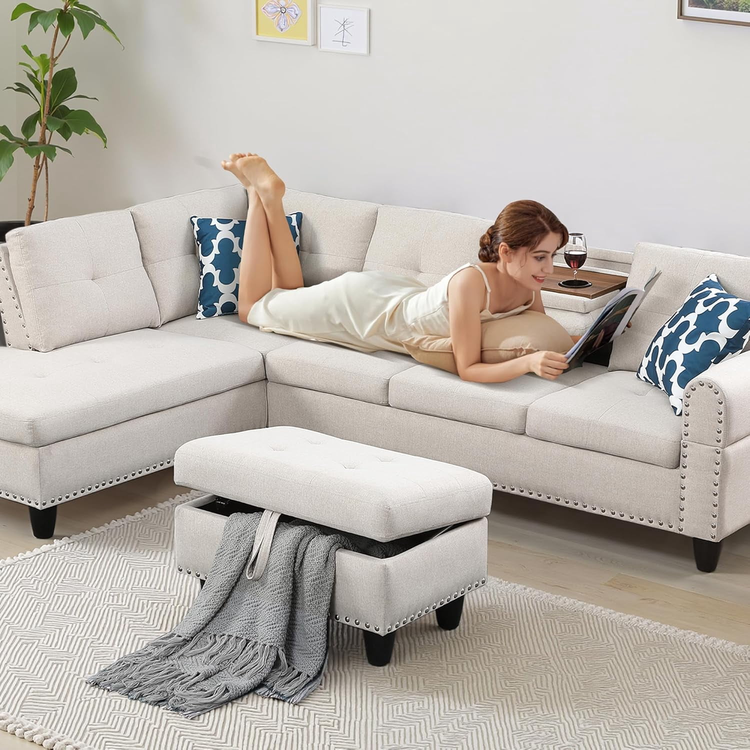 AENKYO 98" L-Shaped Sectional Sofa with Reversible Chaise, Storage Ottoman & Cup Holders, Faux Leather, Beige